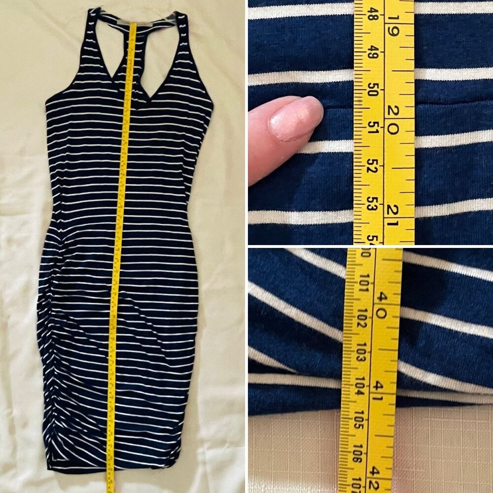 Athleta Striped Racerback Dress Size Small Navy Blue White Ruched Stretch Knit - Picture 7 of 12